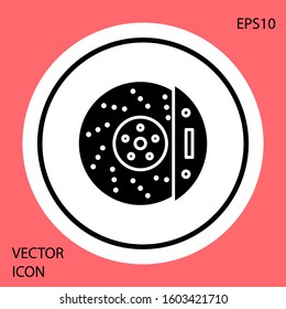 Black Car brake disk with caliper icon isolated on red background. White circle button. Vector Illustration