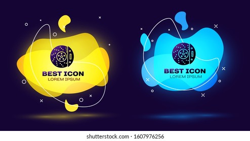 Black Car brake disk with caliper icon isolated on blue background. Set abstract banner with liquid shapes. Vector Illustration