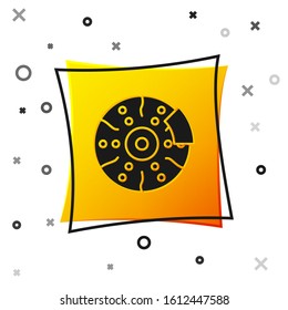 Black Car brake disk with caliper icon isolated on white background. Yellow square button. Vector Illustration
