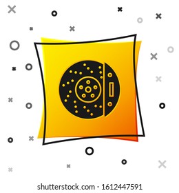 Black Car brake disk with caliper icon isolated on white background. Yellow square button. Vector Illustration