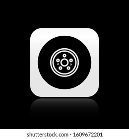 Black Car brake disk icon isolated on black background. Silver square button. Vector Illustration