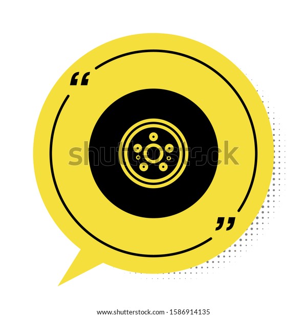 Black Car brake disk\
icon isolated on white background. Yellow speech bubble symbol.\
Vector Illustration