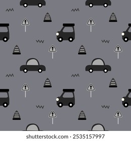 Black car cartoon so cute. On traffic signs traffic cone gray background. Pattern seamless vector illustration. 
