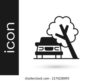 Black Car Damaged By Fallen Tree Icon Isolated On White Background. Auto Insurance Case. Car Crash With Tree, Road Accident.  Vector