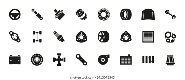 Black car details icons. Outline automotive parts and components, car engine and transmission. Vector auto spare parts flat collection. Automobile repair service collection set, vehicle parts