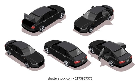 Black car in different isometric views isolated on white background. Black business sedan with open door and trunk. Side, front, rear view of executive automobile. Vector illustration