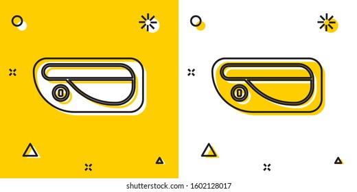 Black Car door handle icon isolated on yellow and white background. Random dynamic shapes. Vector Illustration