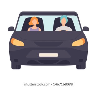 Black Car with Driver and Passenger, Front View Vector Illustration