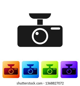Black Car DVR icon isolated on white background. Car digital video recorder icon. Set icon in color square buttons. Vector Illustration