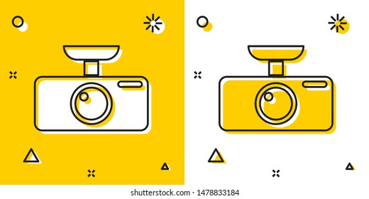 Black Car DVR icon isolated on yellow and white background. Car digital video recorder icon. Random dynamic shapes. Vector Illustration