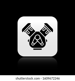 Black Car engine icon isolated on black background. Silver square button. Vector Illustration