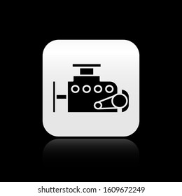 Black Car engine icon isolated on black background. Silver square button. Vector Illustration