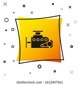 Black Car engine icon isolated on white background. Yellow square button. Vector Illustration