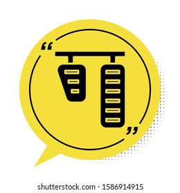Black Car gas and brake pedals icon isolated on white background. Yellow speech bubble symbol. Vector Illustration