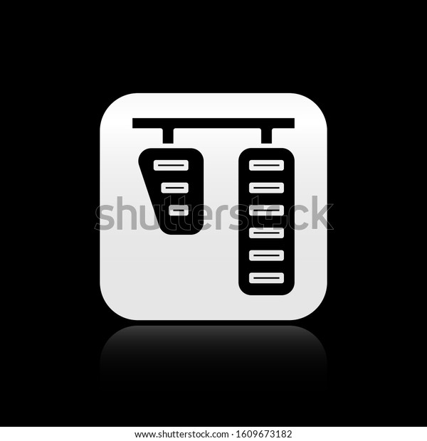 Black Car gas and\
brake pedals icon isolated on black background. Silver square\
button. Vector\
Illustration