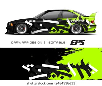 Black car with green, white, and black car wrap design. Suitable for automotive branding, car advertising, and car customization concepts.