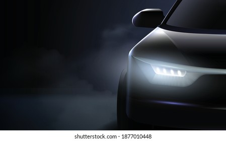 Black car headlights AD composition and the right headlight of an expensive car shines with cold lights in the dark vector illustration