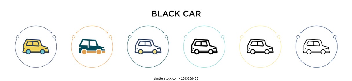 Black car icon in filled, thin line, outline and stroke style. Vector illustration of two colored and black black car vector icons designs can be used for mobile, ui, web