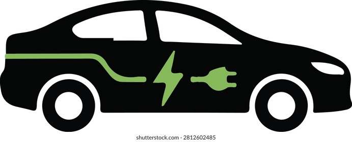 Black car icon with green charging cord representing electric vehicle charging and eco friendly transportation concept
