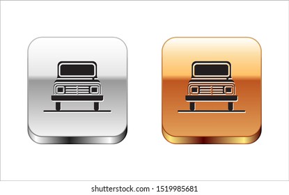 Black Car icon isolated on white background. Front view. Silver-gold square button. Vector Illustration