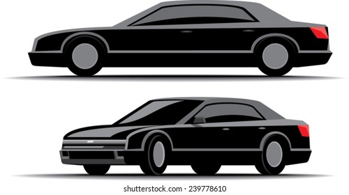 black car limousine front and side views isolated on white background