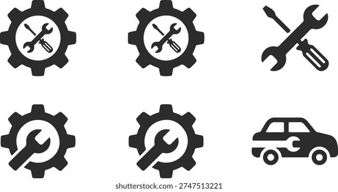 Black car maintenance icons set with gear and tool vector illustration