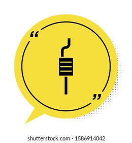 Black Car muffler icon isolated on white background. Exhaust pipe. Yellow speech bubble symbol. Vector Illustration