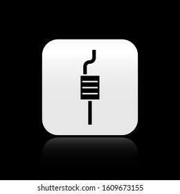 Black Car muffler icon isolated on black background. Exhaust pipe. Silver square button. Vector Illustration