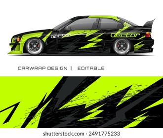 Black car with neon green and gray design, suitable for car wrapping businesses, automotive advertisements, and custom vehicle design projects.