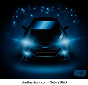 black car on night field lights flash blue, eps 10