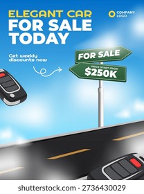 Black car on the road with keys and clouds for car sale social media post template
