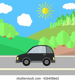 Black Car on a Road on a Sunny Day. Summer Travel Illustration. Car over Landscape.
