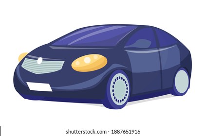 Black car on white background. Business sedan electric car, eco friendly auto. Automobile front view flat style. Vehicle with tinted windows. Convenient mean of transportation, modern model of car