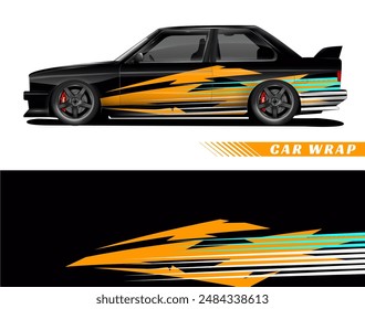 Black car with orange and cyan stripes, car wrap design. Great for automotive advertising, car enthusiasts, and modern design concepts.