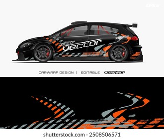 Black car with orange and gray graphic design is suitable for marketing materials, automotive websites, or car advertising campaigns. Great for digital or print media.