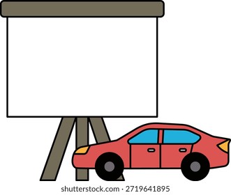 Un auto negro está estacionado frente a una Grande pantalla blanca. El automóvil se coloca frente a la pantalla, con la pantalla extendiéndose hacia el lado del automóvil