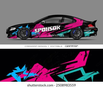 Black car with pink and blue sponsor graphics, suitable for automotive and racing themed designs. Perfect for marketing campaigns or car enthusiast content.