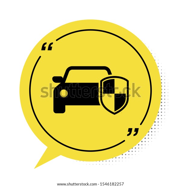 Black Car protection or insurance icon\
isolated on white background. Protect car guard shield. Safety\
badge vehicle icon. Security auto label. Yellow speech bubble\
symbol. Vector\
Illustration