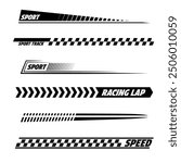 Black car racing decals set isolated on black background. Sport track and moto race linear designs