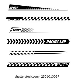 Black car racing decals set isolated on black background. Sport track and moto race linear designs