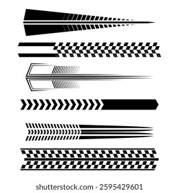 Black car racing decals set isolated on black background. Sport track and moto race linear designs