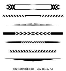 Black car racing decals set isolated on white background. Sport track and moto race linear designs