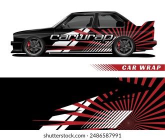 Black car with red and white graphic design, suitable for automotive advertisements, car enthusiasts, and graphic design inspiration. Bold and eyecatching.