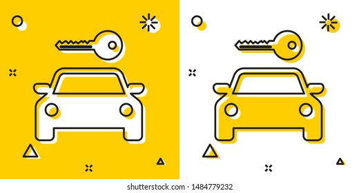Black Car rental icon isolated on yellow and white background. Rent a car sign. Key with car. Concept for automobile repair service, spare parts store. Random dynamic shapes. Vector Illustration