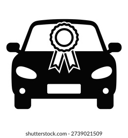 Black car with a rosette on the front isolated on white background icon