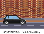 Black car running beside a brick wall and urban road vector. Cityscape area with a black car running concept. Simple urban roads and a vehicle. Empty footpath with brick wall vector.