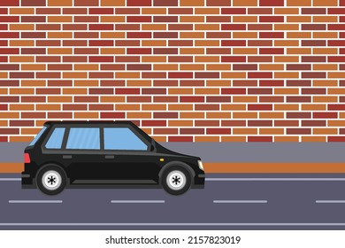 Black car running beside a brick wall and urban road vector. Cityscape area with a black car running concept. Simple urban roads and a vehicle. Empty footpath with brick wall vector.