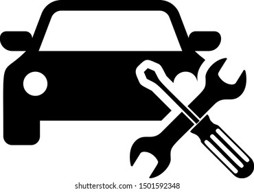 Black Car with screwdriver and wrench icon isolated on white background. Adjusting, service, setting, maintenance, repair, fixing.  Vector Illustration