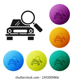 Black Car search icon isolated on white background. Magnifying glass with car. Set icons colorful circle buttons. Vector Illustration