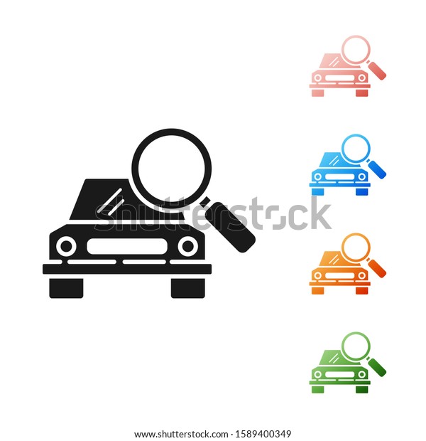 Black Car\
search icon isolated on white background. Magnifying glass with\
car. Set icons colorful. Vector\
Illustration